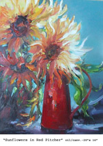 Sunflowers in Red Pitcher, Oil on Canvas